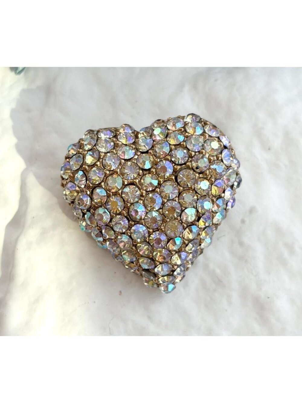 Iridescent Rhinestone Heart Shaped Gold Toned Jumbo 80's Style Vintage Pin